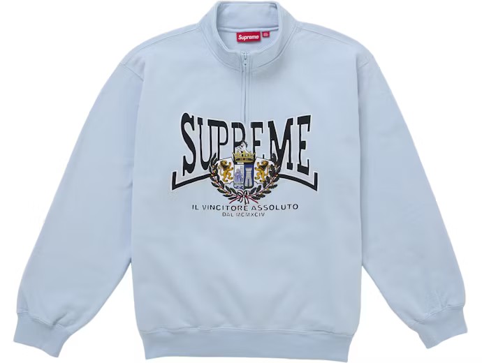 Supreme Crest Applique Half Zip Pullover Light Blue