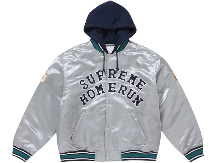 Supreme Homerun Satin Hooded Varsity Jacket Silver L