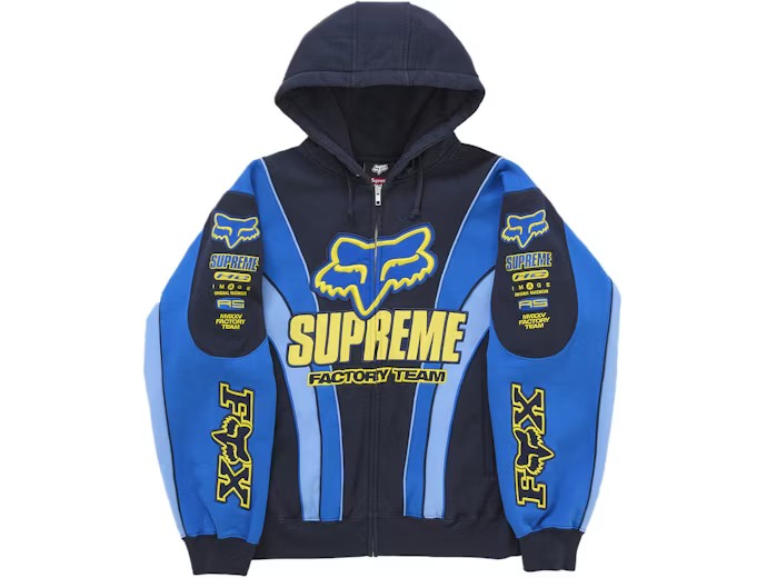 Supreme Fox Racing Zip Up Hooded Sweatshirt Blue