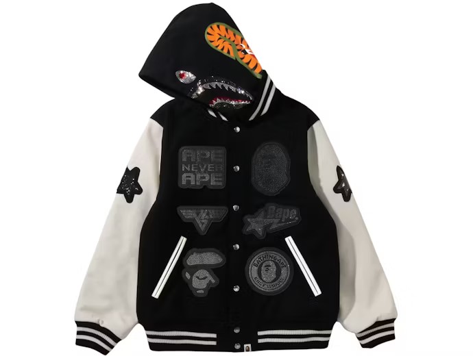 BAPE x Swarovski Shark Hooded Varsity Jacket Black/White