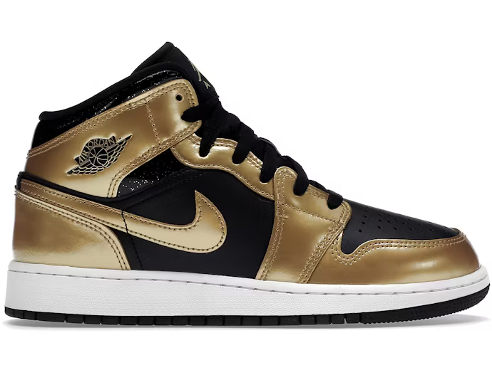 Air Jordan 1 Mid Patent Black White Gold